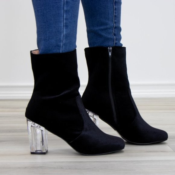 Black Velvet Above Ankle Clear Heel Bootie - Picture 5 of 11